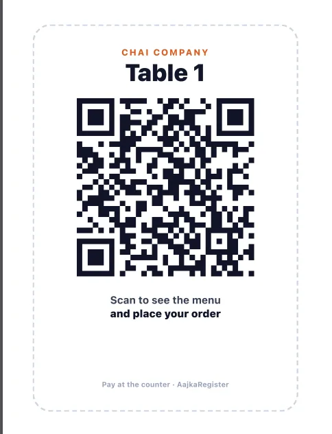 AajkaRegister printable table QR card for a restaurant table